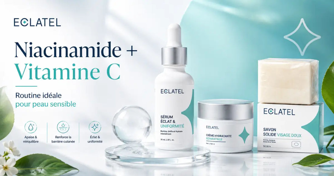 Sérum, crème hydratante et savon ECLATEL pour une routine à la niacinamide et à la vitamine C sur peau sensible.