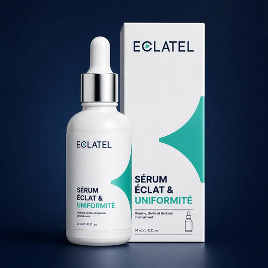 ECLATEL Brightening Face Serum bottle and box on navy background
