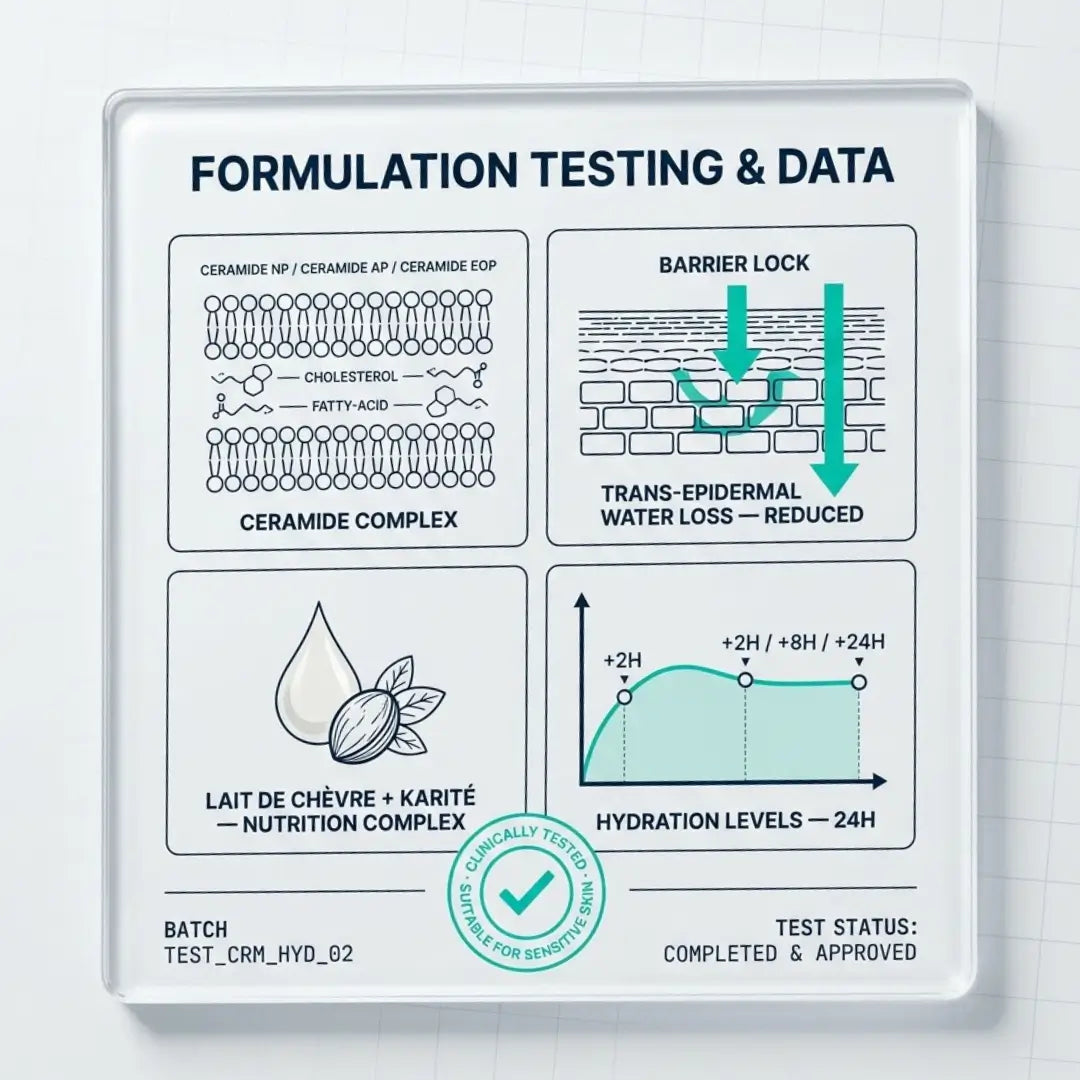 Clinical formulation visual for ECLATEL Hydrating Face Cream, highlighting a precise dermo-cosmetic approach focused on hydration, comfort, and skin barrier support.