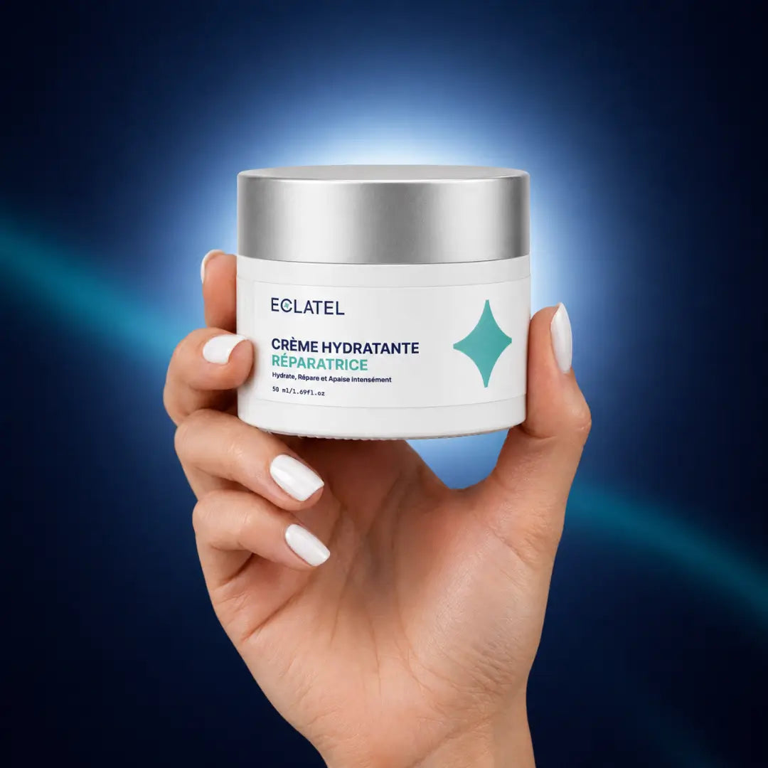 ECLATEL Hydrating Face Cream 50ml held in hand on a deep navy background, reflecting a premium clinical skincare identity.