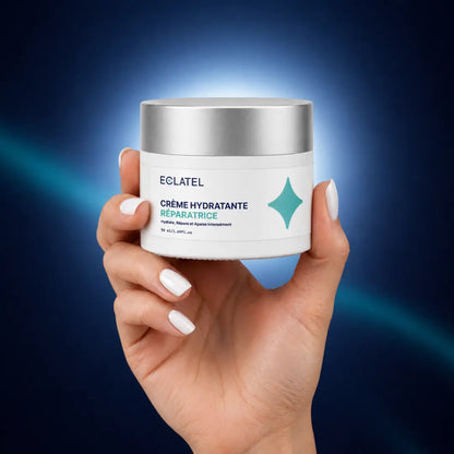 ECLATEL Hydrating Face Cream 50ml held in hand on a deep navy background, reflecting a premium clinical skincare identity.