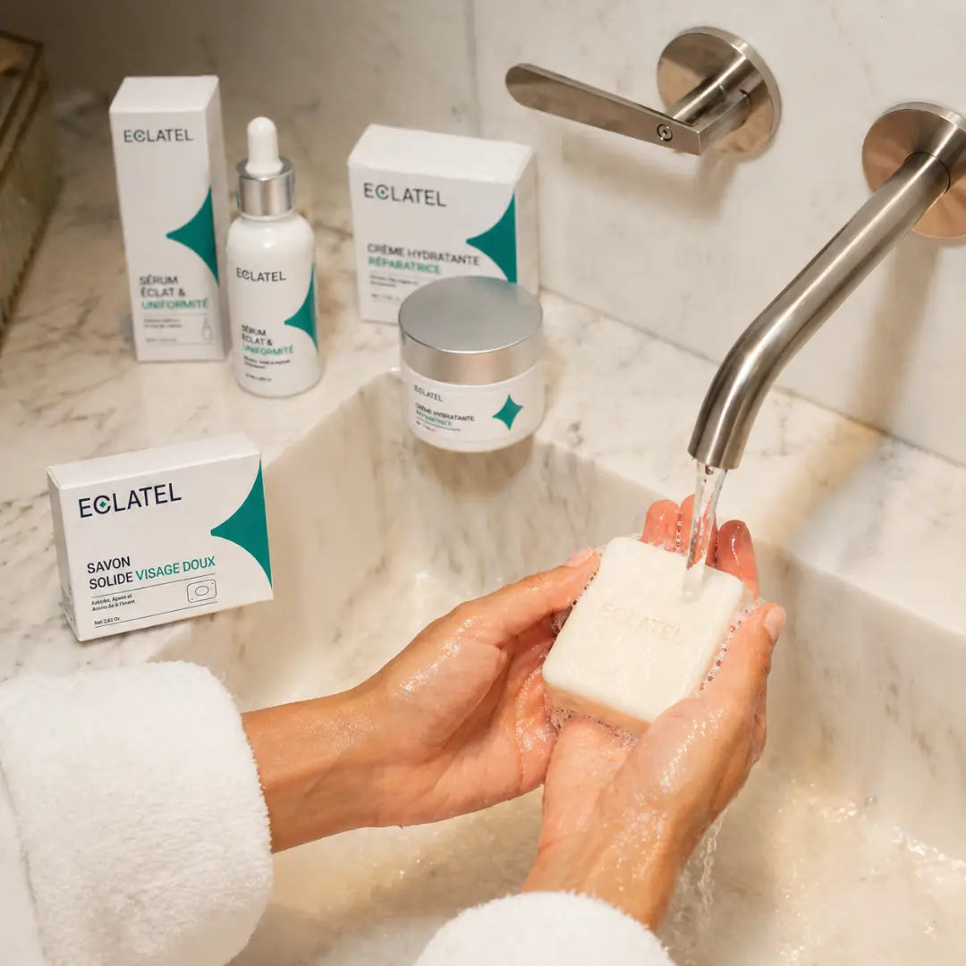 ECLATEL skincare routine with soap serum and cream on bathroom sink
