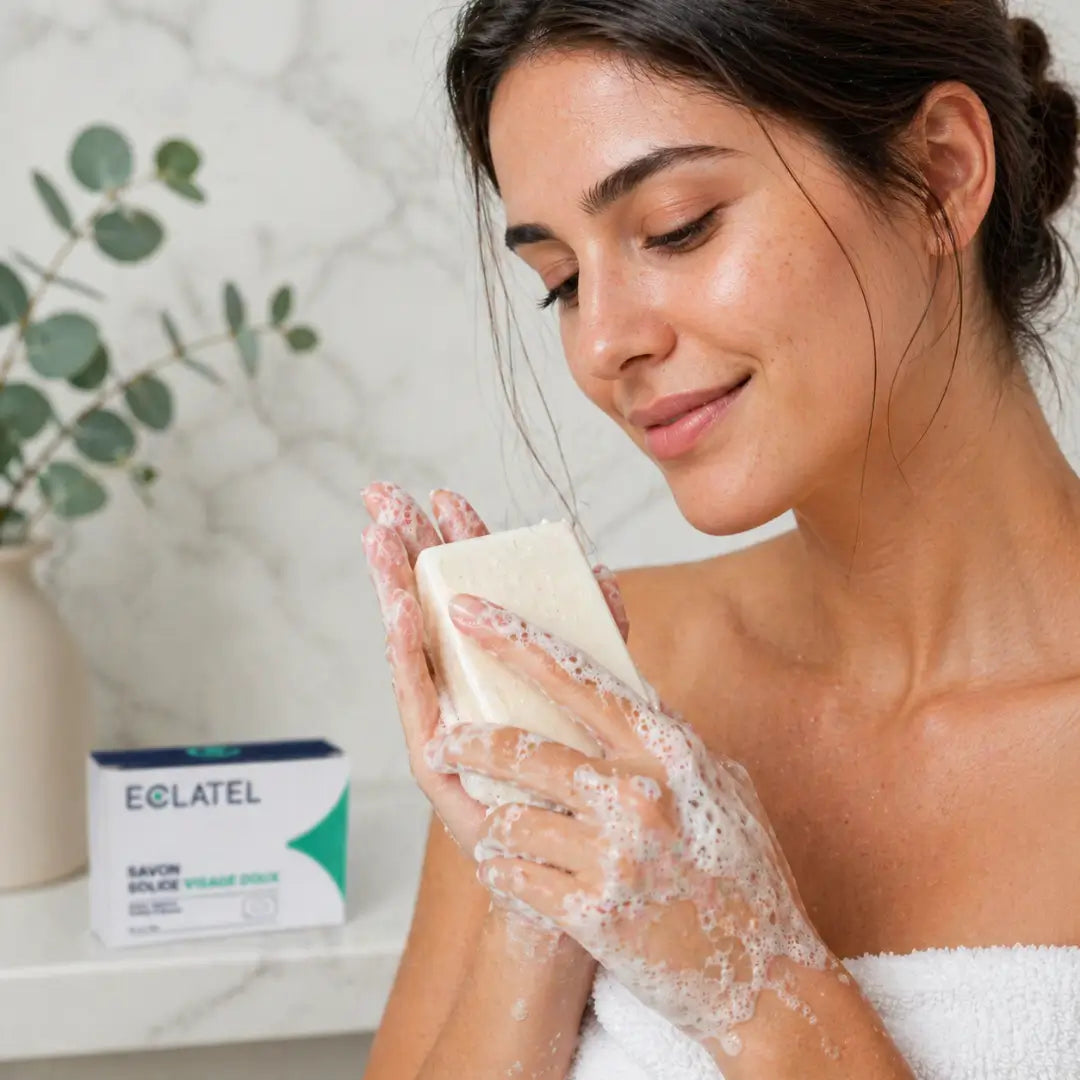 Woman using ECLATEL Solid Face Soap for gentle facial cleansing